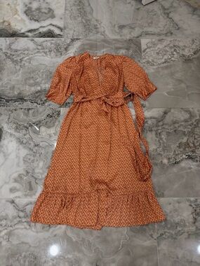 Sandro Orange Printed Wrap Midi Dress